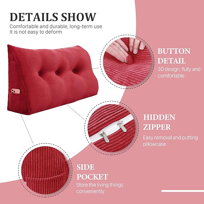 13 lbs Thickened Wedge Pillow Headboard Body Positioner Triangular Reading Pillow Bed Bolster Pillow for Sitting in Bedwith Removable Cover Backrest Red California King