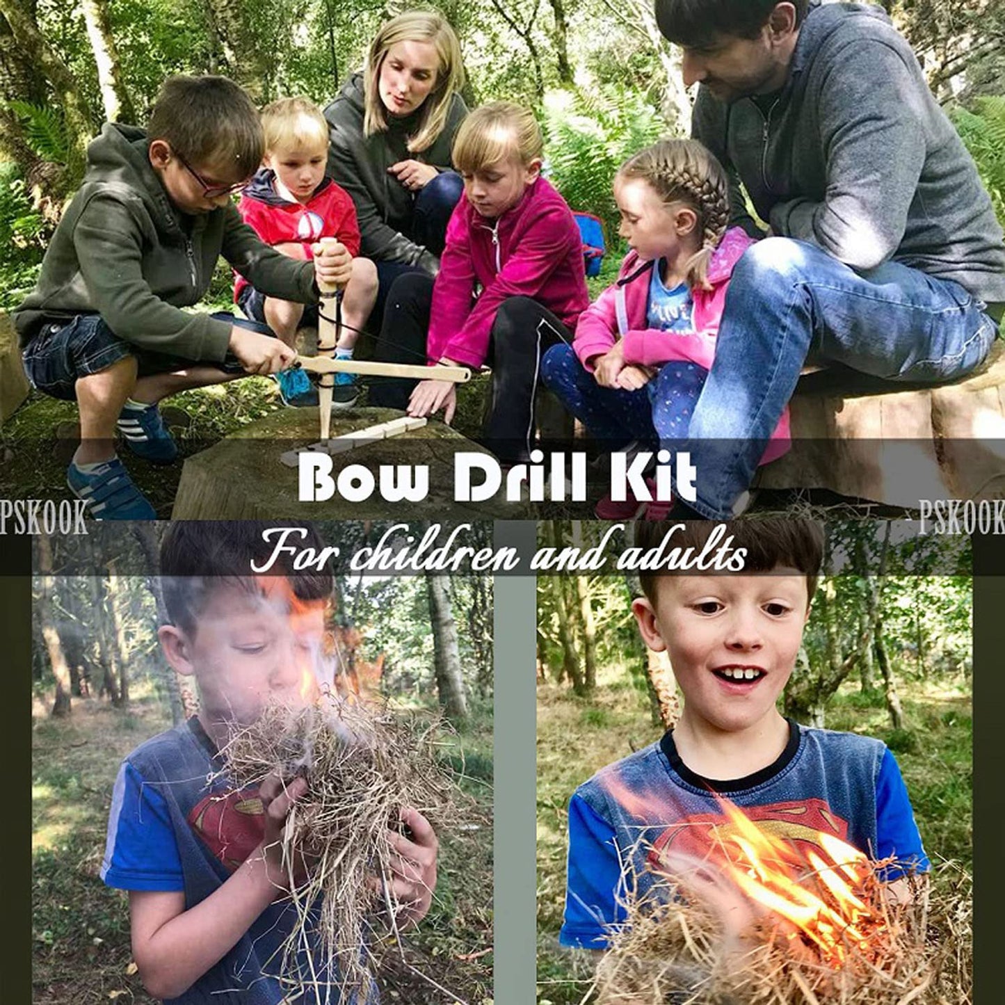 Bow Drill Fire Starter Kit, Pskook Survival Tool, Primitive Friction Fire Starting Kit, Bushcraft