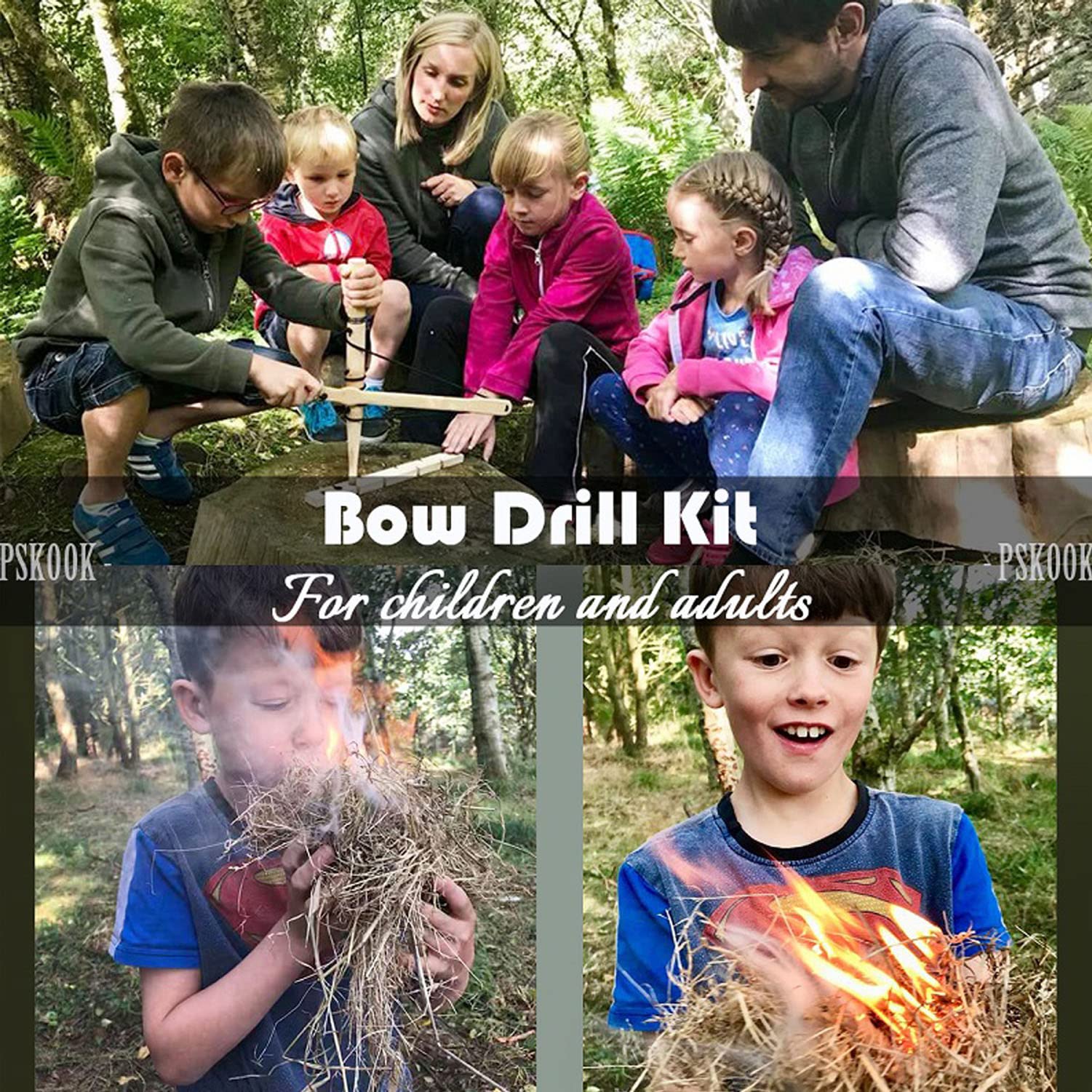 Bow Drill Fire Starter Kit, Pskook Survival Tool, Primitive Friction Fire Starting Kit, Bushcraft