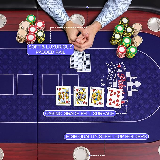 86" Foldable Poker Table, 10-Player Large Folding Texas Holdem Blackjack Table with Cup Holders, Padded Rails, Casino Game Table for Home Game Room, Family Nights, and Parties (Black)
