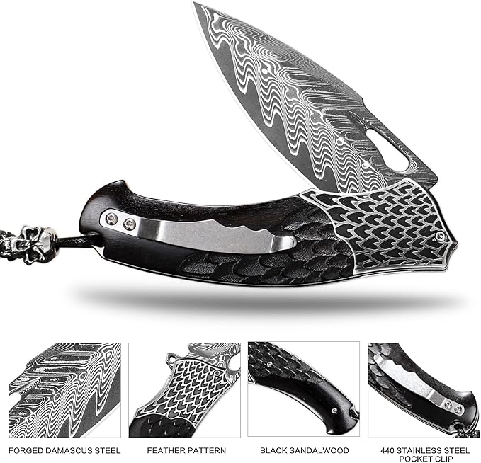 Quality pocket knives for men and women，Damascus Steel Pocket Folding Knife，With leather sheath, Ebony Handle，Engraved feather pattern，Outdoor camping, EDC carrying adventure, Hiking trip, gift