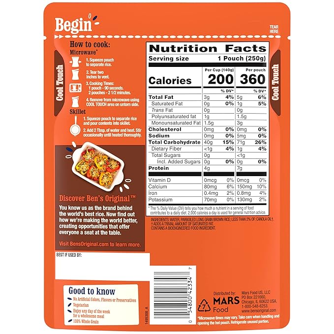 BEN'S ORIGINAL Ready Rice Whole Grain Brown Rice, Easy Dinner Side, 8.8 OZ Pouch (Pack of 12)