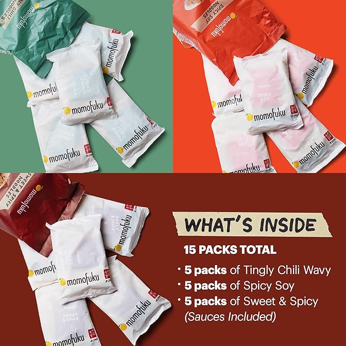 Momofuku Ramen Noodle Spicy Variety Pack by David Chang, 15 Count (Pack of 3) of Air-Dried Vegan Instant Noodles with Spicy Sauce