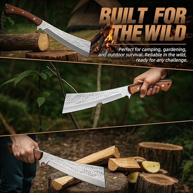 Purple Dragon Heavy Duty Machete for Cutting Trees & Yard Work - Camping/Survival Knife with Solid Wood Sheath - Bushcraft & Brush Clearing - 15 Inch