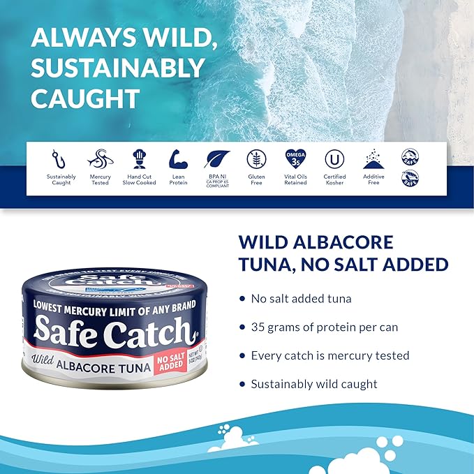 Safe Catch Canned Lowest Mercury Limit Albacore Tuna Fish No Salt Added, Wild Caught, Gluten-Free, Kosher, Whole30 Approved, Keto, 5oz Can, 12-Pack