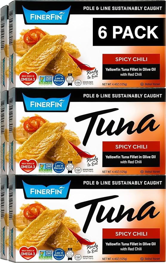 FinerFin Yellowfin Tuna In Organic Olive Oil ??Spicy Chili Flavor (4.4oz can - 6 Pack); Premium Canned Fish with EVOO, Keto Friendly, Gourmet Ready-to-Eat Fillets, Wild-Caught