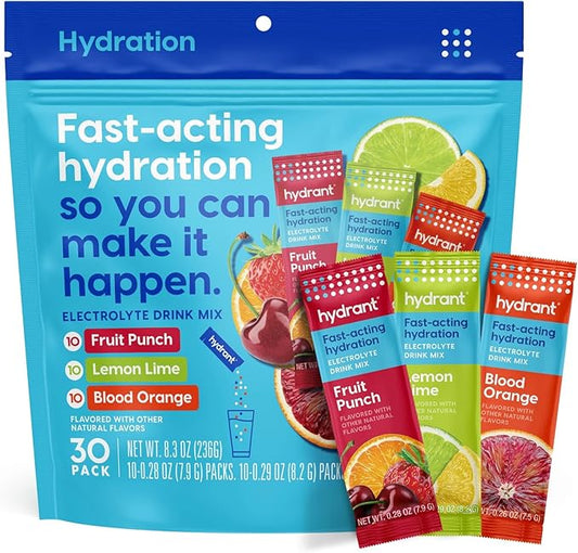 HYDRANT - Hydrate Electrolyte Powder Variety Pack, 30 Rapid Hydration Individual Stick Packs - Low Sugar Drink Mix for Daily Use, Travel & Workouts