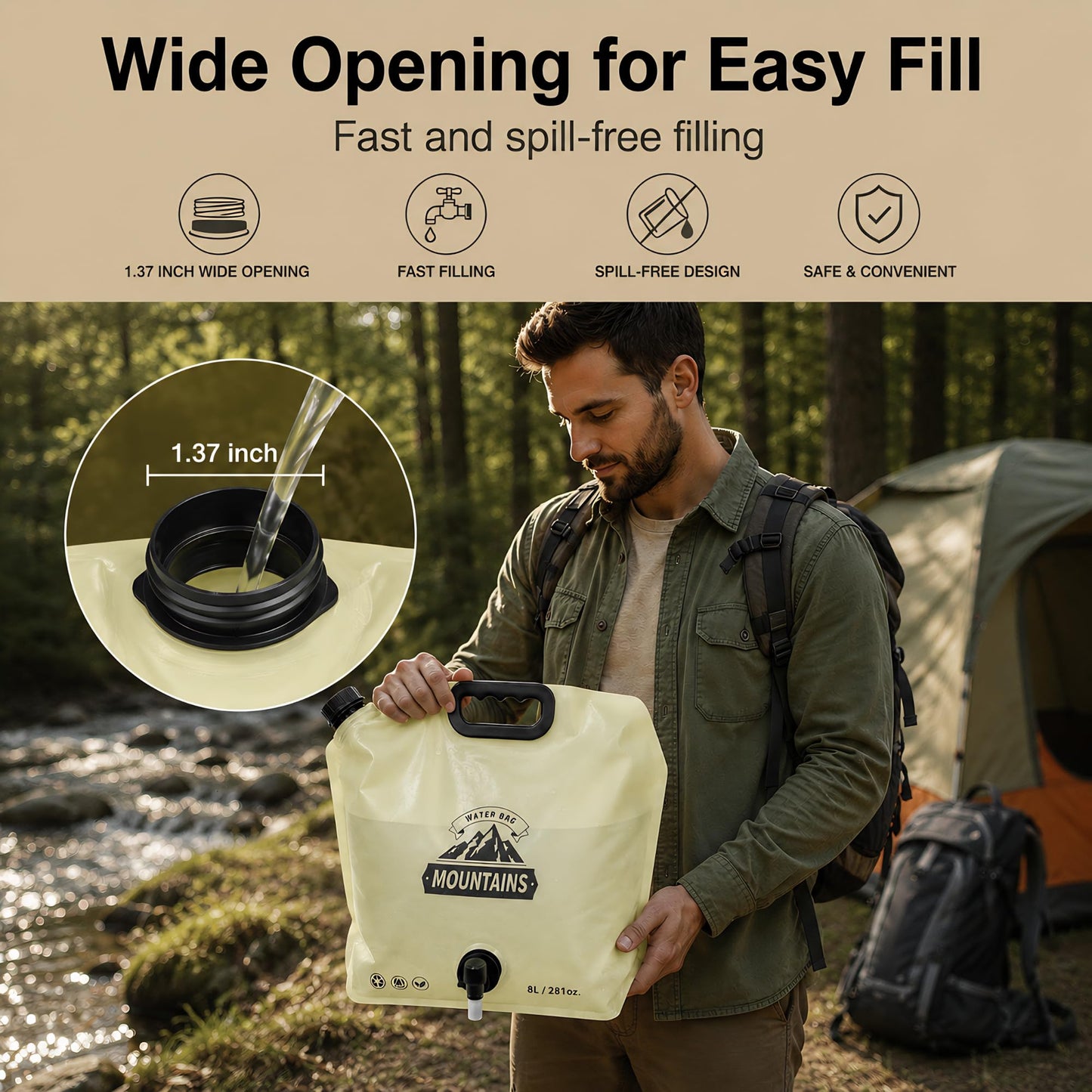 MIAJO Collapsible Water Container Portable Water Jug with Spigot for Camping, Foldable Hiking Gear