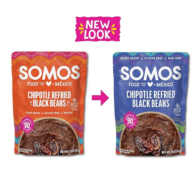 SOMOS Chipotle Refried Black Beans - Gluten Free, Non-GMO, Vegan & Microwavable Meals Ready to Eat - Delicious, Healthy & Convenient - Perfect for Burrito Bowls, Tostadas & More | 10 oz (Pack of 6)