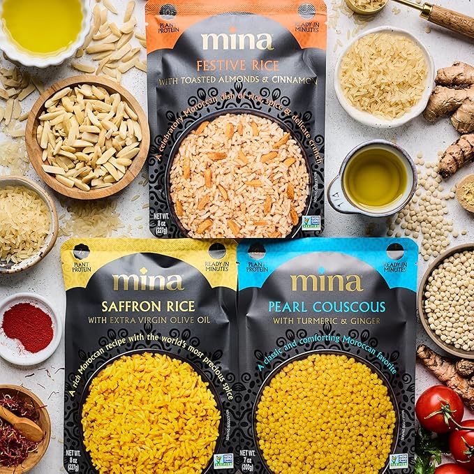 Mina Saffron Rice, Festive Rice, Pearl Couscous, Variety Pack of 6, Ready to Eat, Microwavable, Couscous Pearls, Side Dishes, Vegan Protein, Non-GMO, Kosher