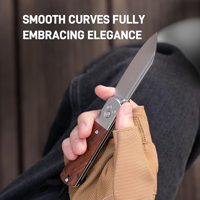 ARTISANCUTLERY Holm Pocket Knife with 3.10'' AR-RPM9 Steel, Handle with Stone Washed Steel and Wood Inlay, Button Lock with Safety Switch Folding Knife for Men, Sharp Camping Survival 1875P Rose Wood