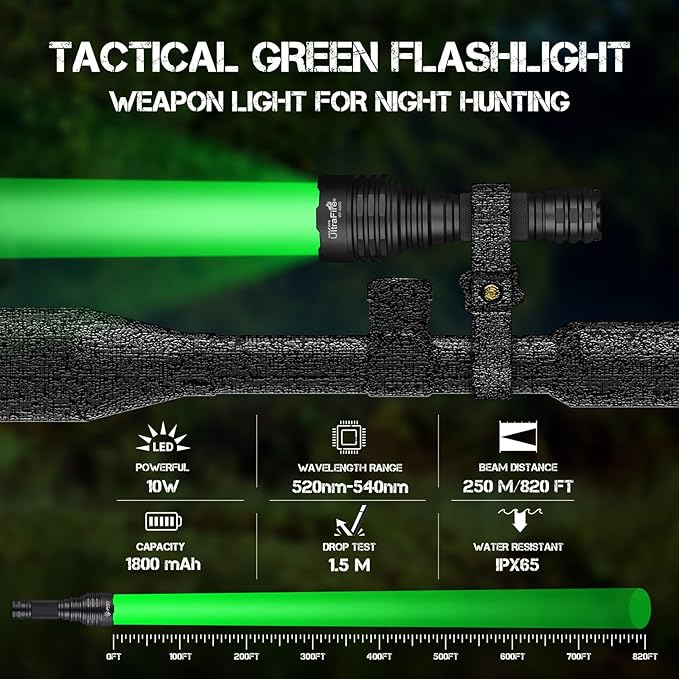 ULTRAFIRE 10W Green Hunting Flashlight 273 Yards Super Bright LED Green Flashlight for Night Tactical Hunting Hogs, Coyotes and Varmints WF-509G