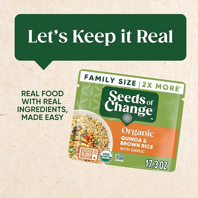 SEEDS OF CHANGE Organic Quinoa & Brown Rice with Garlic Family Size, Organic Food, 17.3 oz Pouch (Pack of 6)