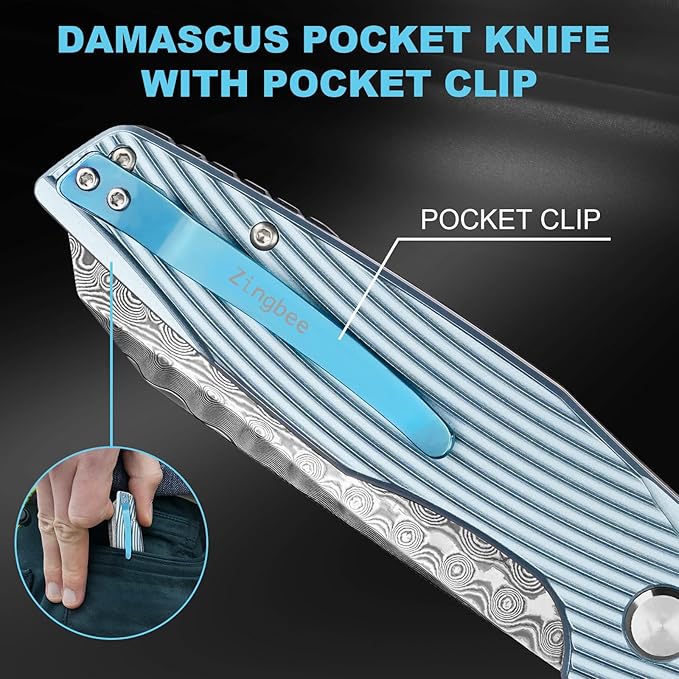 Damascus Pocket Knife 3.46" Damascus Steel Blade EDC Pocket Knives & Folding Knives for Men Women Blue Non-Slip Handle