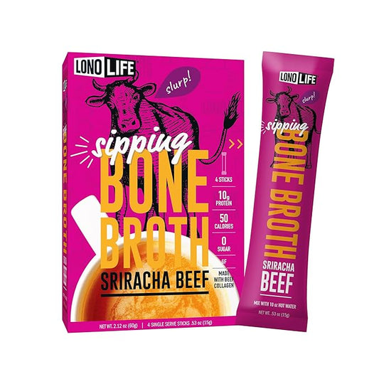LonoLife Sriracha Beef Bone Broth Powder Mix | Grass-Fed, 10g Protein | Collagen-Rich, Keto & Paleo Friendly | Natural Ingredients | 4 Portable Stick Pack Servings