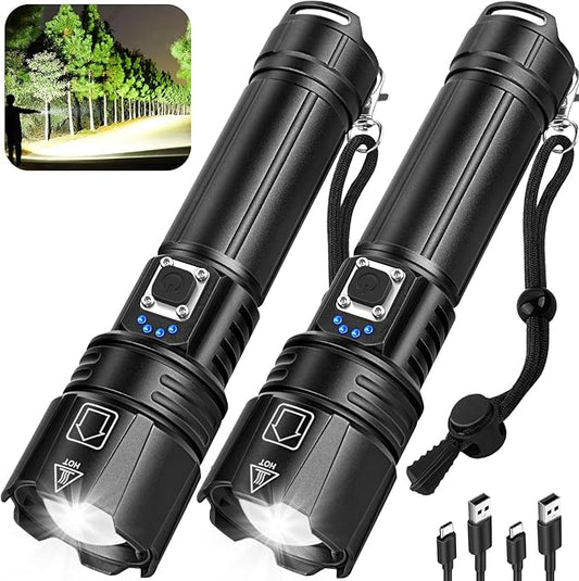 Rechargeable Flashlights High Lumens, 99000 Lumen Super Bright Led Flashlight with 5 Modes & 12H Long Runtime, Powerful Handheld Flash Light for Home Camping, IPX7 Waterproof 2Pack Flashlights
