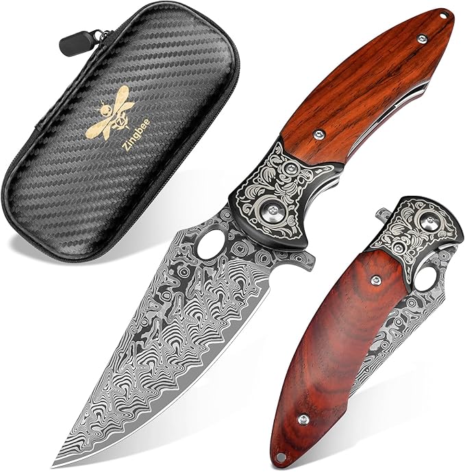 Damascus Pocket Knife, 3.3" Damascus Blade Wooden Handle EDC Pocket Knives & Folding Knives for Men Women