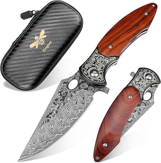 Damascus Pocket Knife, 3.3" Damascus Blade Wooden Handle EDC Pocket Knives & Folding Knives for Men Women