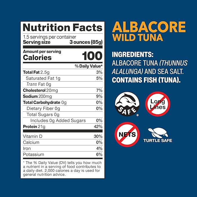 Wild Planet Albacore Wild Tuna, Sea Salt, Canned Tuna, Sustainably Wild-Caught, Pole & Line, 5 Ounce (Pack of 4), Packaging May Vary