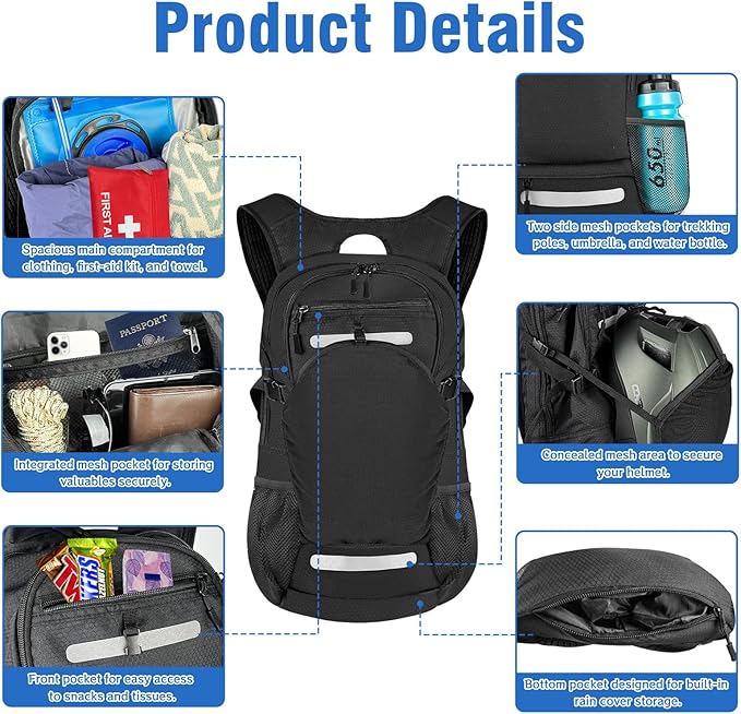 Zavothy 18L Multipurpose Hiking Backpack with 3L Water Bladder ??Durable Hydration Backpack with Insulated Bladder Compartment, Hidden Helmet Holder & Rain Cover ??for Hiking, Commuting, and Camping