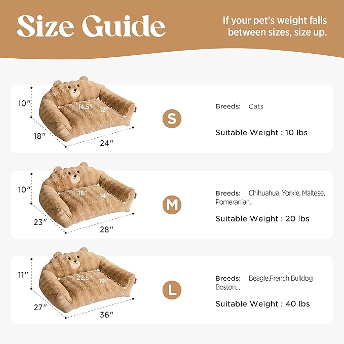LE SURE Cute Cat Couch for Pets - Fluffy Original Bear Design for Small Dog Bed, Supportive Dog Couch with Removable Washable Cover, Puppy Bed for Small and Medium Dogs, 28inch, Almond