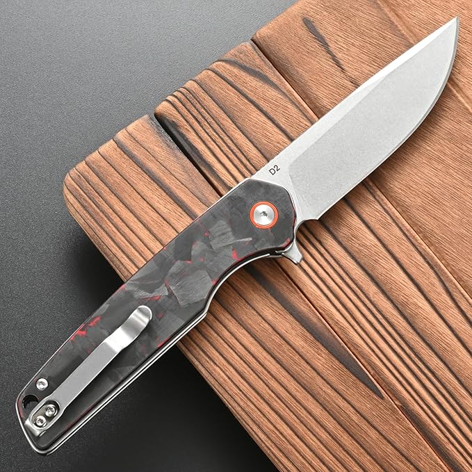 FF19 Folding Pocket Knife，D2 Steel Blade Carbon Fiber Handle EDC Tool Knife for Outdoor Camping Hunting Fishing Working(Red)