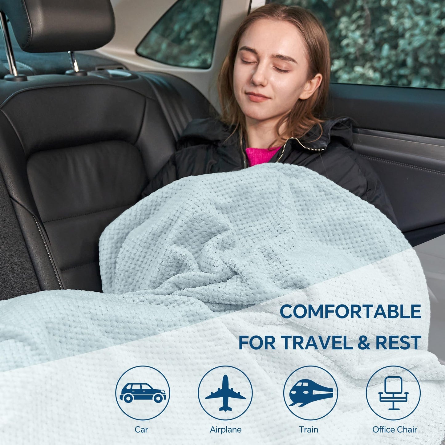 BEDELITE Travel Blanket with Bag, Jacquard Fleece Blanket 65"x40", Blue