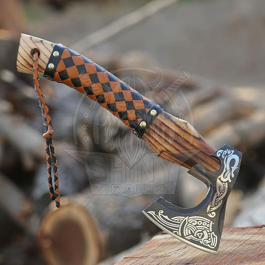 SHINY CRAFTS®- Handmade Viking Axe – Unique Gift for Him Engraved Carbon Steel Hatchet with Leather Sheath for Dad, Husband, Outdoorsman (SCA-03)