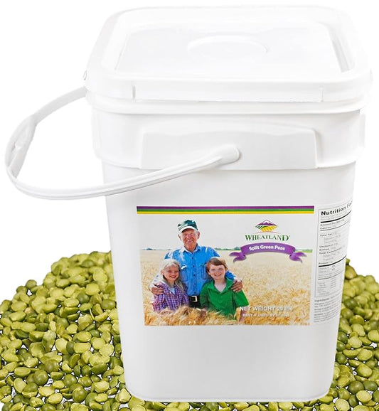Wheatland Green Split Peas • Grown by Family Farmers in Utah/Idaho • 20 lb Bucket with Mylar liner • Non-GMO • Lab Tested Chemical-Free • Emergency Food Storage • 25 year Shelf Life • Premium Quality