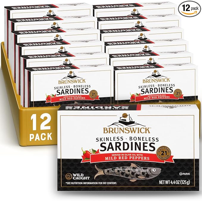 Brunswick Wild Caught Skinless and Boneless Sardines, Served in Olive Oil with Mild Red Peppers, 4.4 Oz (Pack of 12)