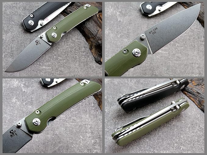 Sitivien ST128 Folding Knife,D2 Blade G10 Handle Safety Liner Lock EDC Tool Knife for Outdoor Hiking Camping-Army Green