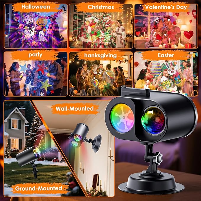 Halloween Projector Lights Outdoor, 2-In-1 HD Moving Pattern Holiday Projector Lights with Remote Control (12 Slides, 15 Colors), Three Fixing Methods, IP65 Waterproof Halloween Decorations with Timer