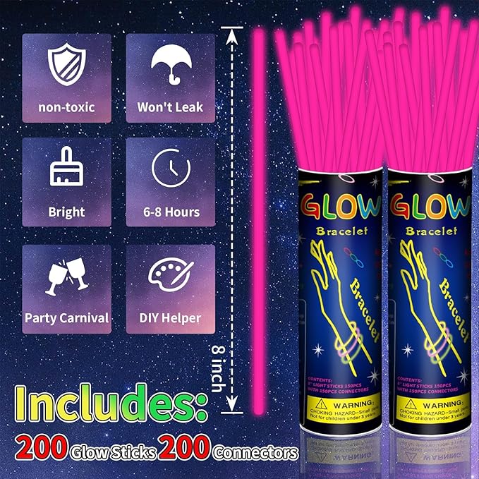 200 Pack 8'' Glow Sticks Bulk Party Favors Pink Light Up Sticks with Connectors Neon Glow in the Dark Party Supplies Bracelets for Holiday Birthday Party Decoration(Pink)