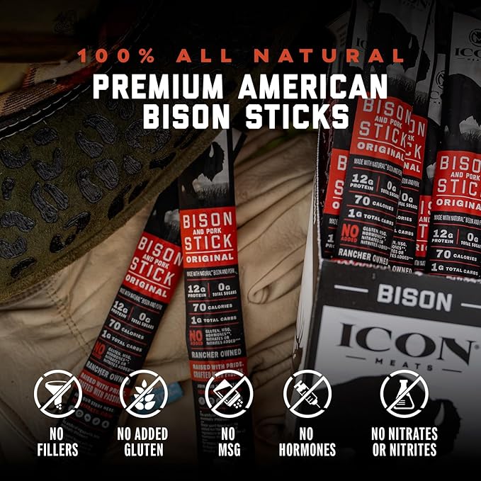 ICON Meats Bison and Pork Snack Sticks - Original Flavor - 24 Pack of Individually Wrapped Jerky Meat Sticks, USDA Approved, All Natural, Diet Friendly, High Protein, Low Calorie, Sugar Free