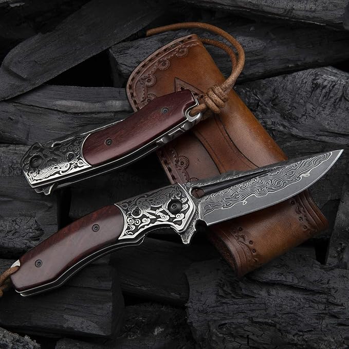 Handmade japanese vg10 damascus steel pocket knife,rosewood handle,sheath,liner lock,folding knives for outdoors camping hiking fishing