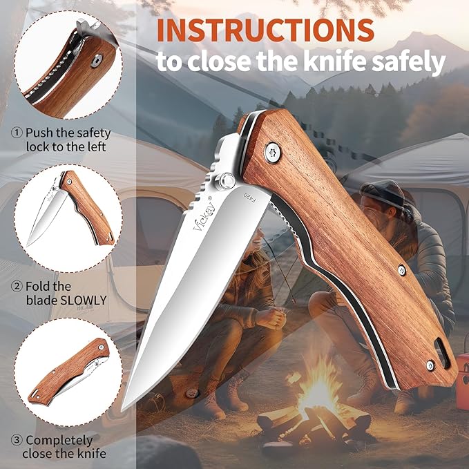 Vickay Pocket Knife for Men, 3.4" 8Cr13MoV Steel Blade, Wood Handle EDC Folding Knife with Liner Lock for Outdoor Camping, Tactical, Hunting, Hiking, Survival - Father?™s Day Gift