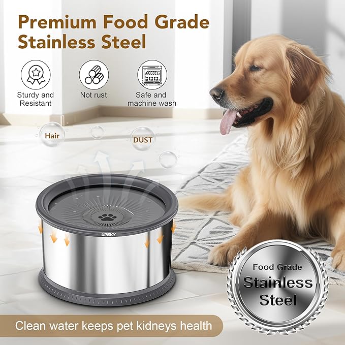 UPSKY Super Large Capacity No Spill Dog Bowl, 6.5L Stainless Steel Spill Proof Slow Water Feeder, Anti-Slip Mat for Messy Drinkers - Grey