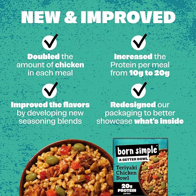 Born Simple Ready to Eat Meals with Sporks, Teriyaki Chicken Bowl, Improved Recipe - 20g Protein, Prepared Meal, Microwavable Entree, 11 oz (Pack of 6)