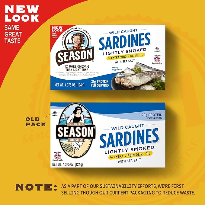 Season Sardines in Extra Virgin Olive Oil - Wild Caught, Lightly Smoked, 21g of Protein, Keto Snacks, More Omega 3's Than Tuna, Kosher, High in Calcium, Canned Sardines - 4.37 Oz Tins, 6-Pack