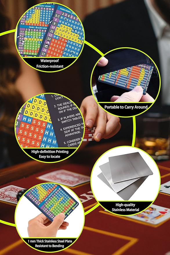 Metal Blackjack Strategy Card Stainless Steel Blackjack Basic Strategy Card/Book Allowed at The Table in The Casino 4+ Decks Hit Soft 17 with Leather Sleeve (Doublesides Version)