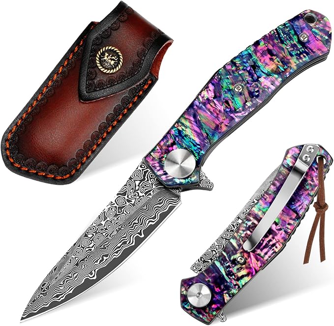 Benkey Damascus Pocket Knife, Sharp VG10 Core Damascus Steel Folding Knives with Leather Sheath, Unique Abalone Seashells Handle, Ball Bearing, Liner Lock, Original EDC Damascus Knife for Men Women