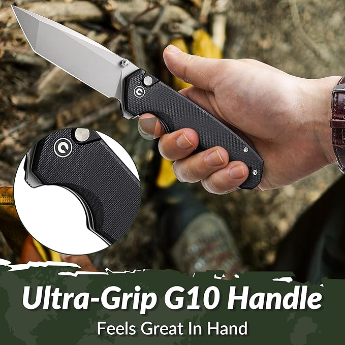 CIVIVI Brazen Folding Knife, Button Lock Pocket Knife with 3.46'' Swedish 14C28N Tanto Blade, Ultra-Grip G10 Handle, Low Profile Clip for EDC C19059C-1 (Black)