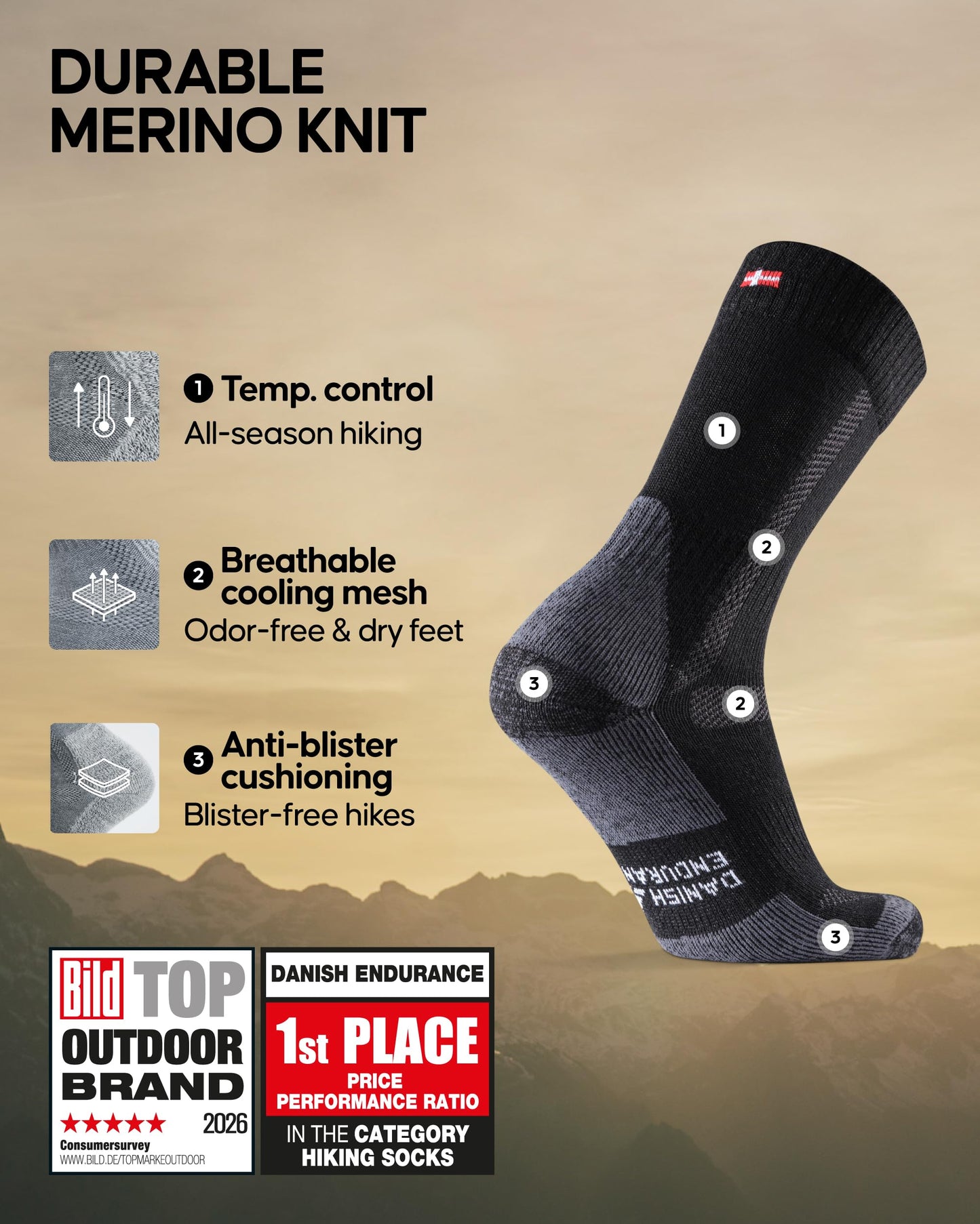 DANISH ENDURANCE Hiking Socks, Merino Wool, 3 & 5-Pack, Black/Grey, Large