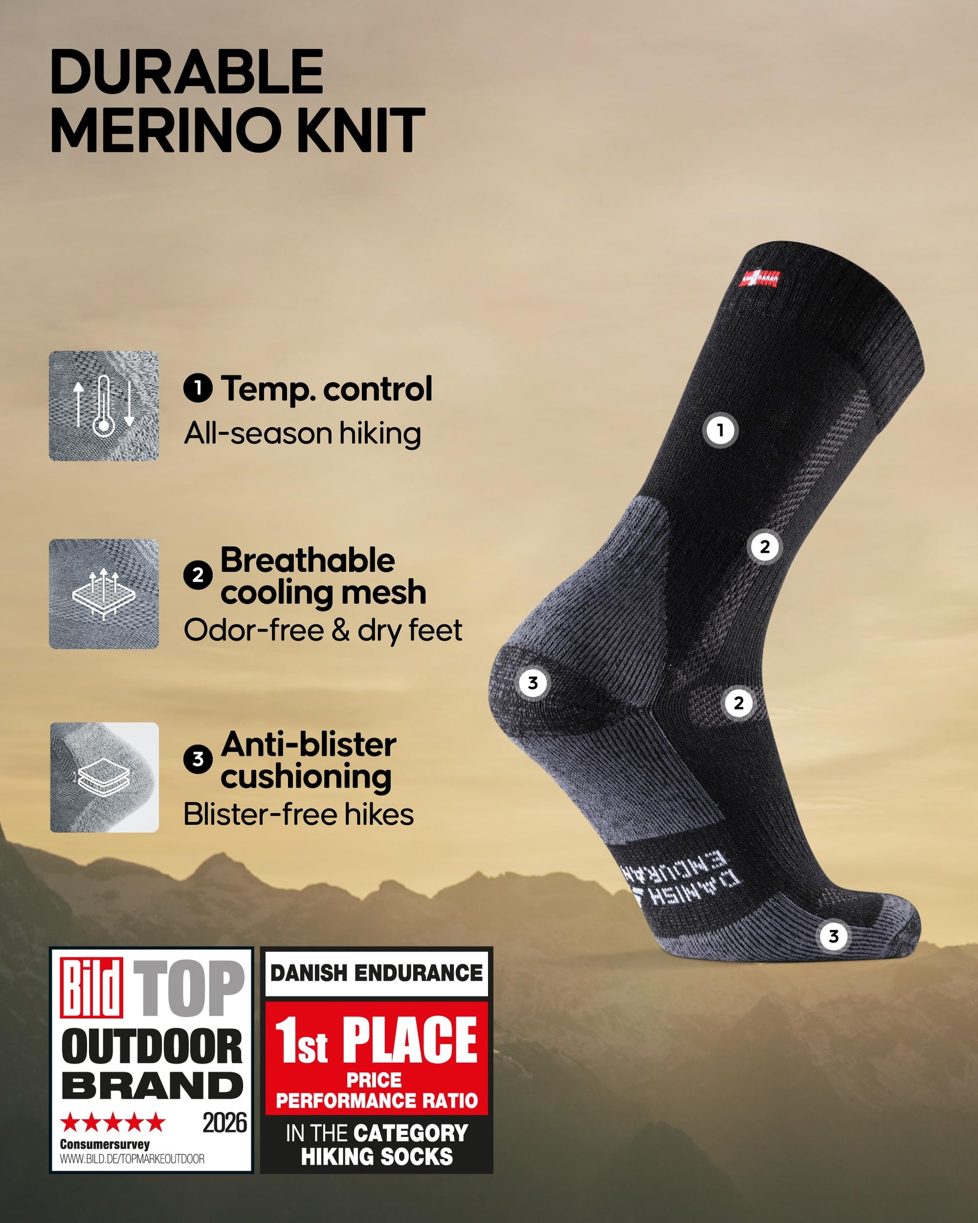 DANISH ENDURANCE Hiking Socks, Merino Wool, 3 & 5-Pack, Black/Grey, Large