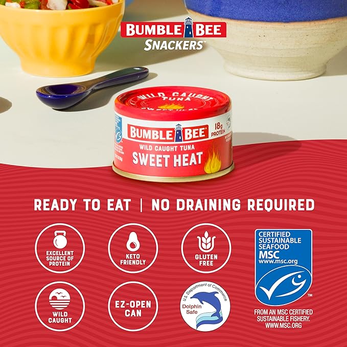 Bumble Bee Snackers - Sweet Heat Tuna, 3 oz Easy Open Can - 18g Protein per Serving - Wild Caught Skipjack Chunk Light Tuna Pack - No Draining, Ready to Eat (Pack of 16)
