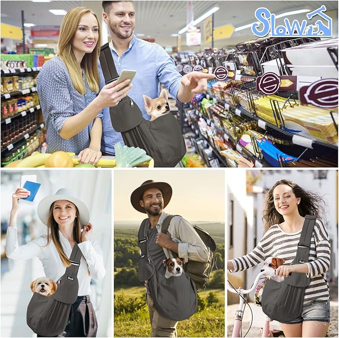 SlowTon Dog Carrier Sling - Thick Padded Shoulder Strap Adjustable Dog Carriers for Small Dogs, Puppy Carrier Purse for Pet Cat with Front Zipper Pocket Safety Belt Machine Washable (Grey M)