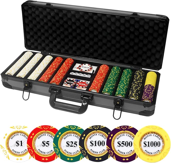 14 Gram Clay Poker Chips Set Texas Hold’em 500PCS Poker Chips Set Numbered Chips with High-End Chip Case and Poker Accessories for Blackjack Poker Games (C 500 PCS)