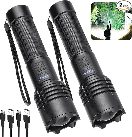 Alicegirl Rechargeable 990000 High Lumens LED Flashlights 2 Pack, Super Bright Flashlight with 3 Modes, IPX6 Waterproof, Powerful Handheld Flash Light for Home Camping Emergency (Black)