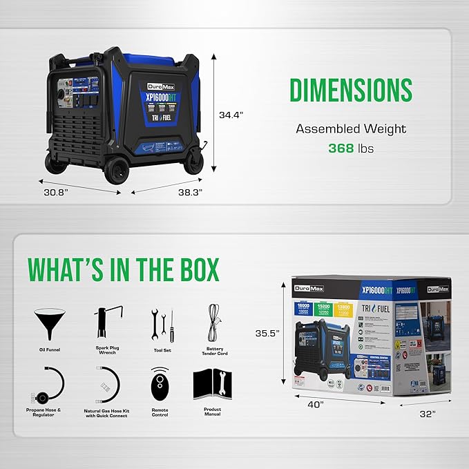 DuroMax XP16000iHT 16,000-Watt Tri Fuel Portable Digital Inverter Generator - Gas, Propane & Natural Gas, Remote Electric Start, Whole Home Power Backup, Transfer Switch Ready, RV & Emergency Ready