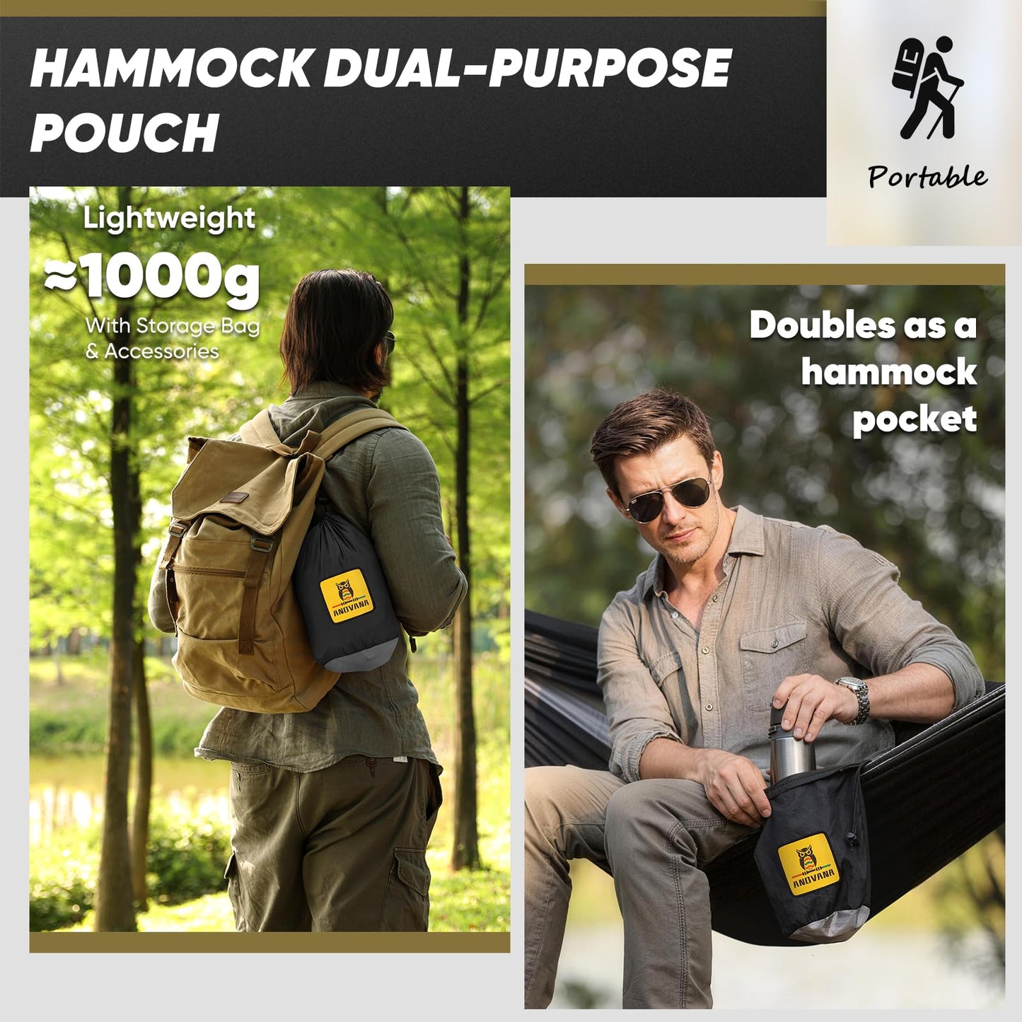 Camping Hammock with Mosquito Net, 500 lbs Portable Hammock with Tree Straps, 2-in-1 Double/Single